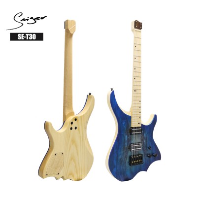 Wholesale best price high grade blue spalted maple headless electric guitar